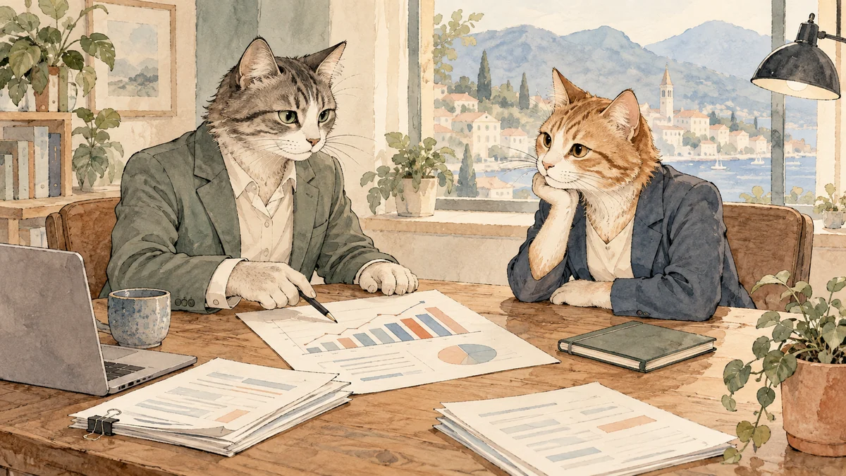 A business cat reviews a simple monthly chart and notes at a desk