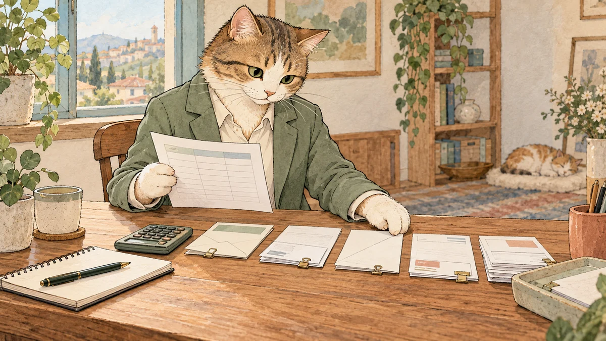 A business cat checks upcoming invoices and bills on a monthly cash flow sheet
