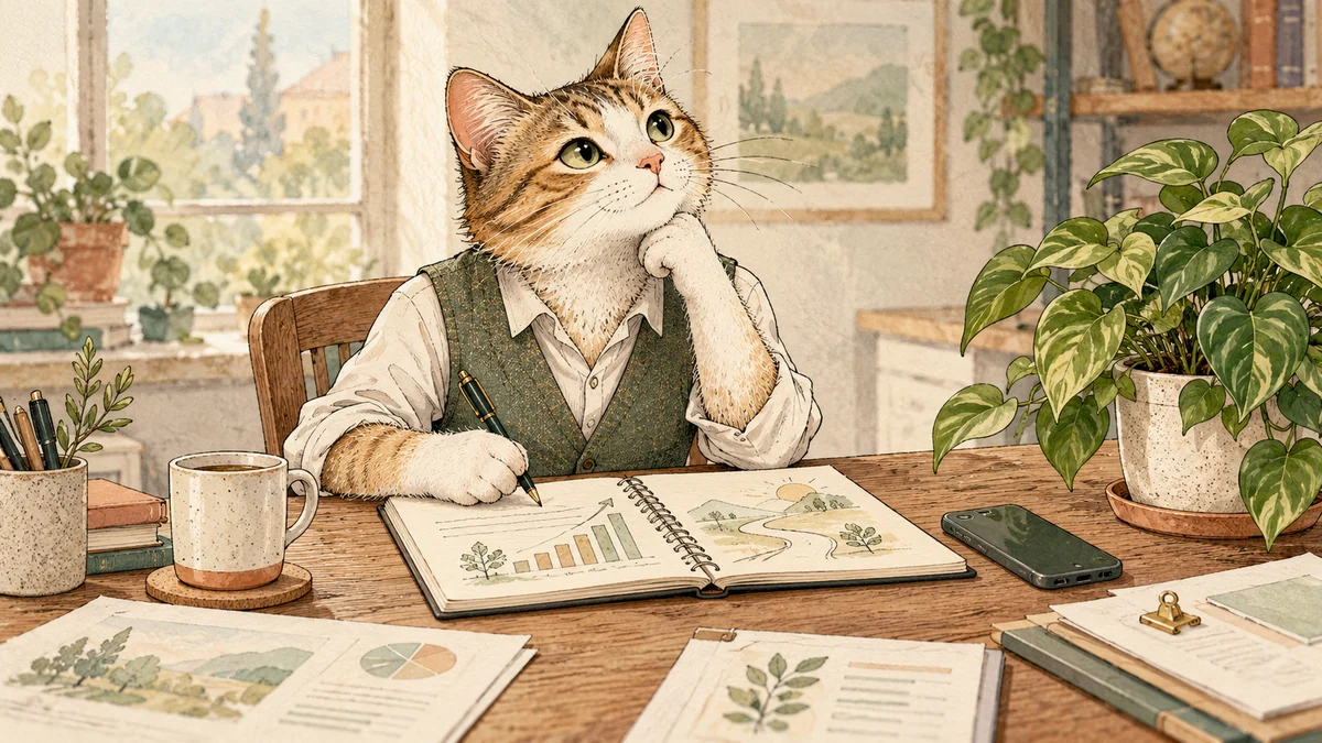 A business cat reviews a long-term plan at a desk beside a growing plant